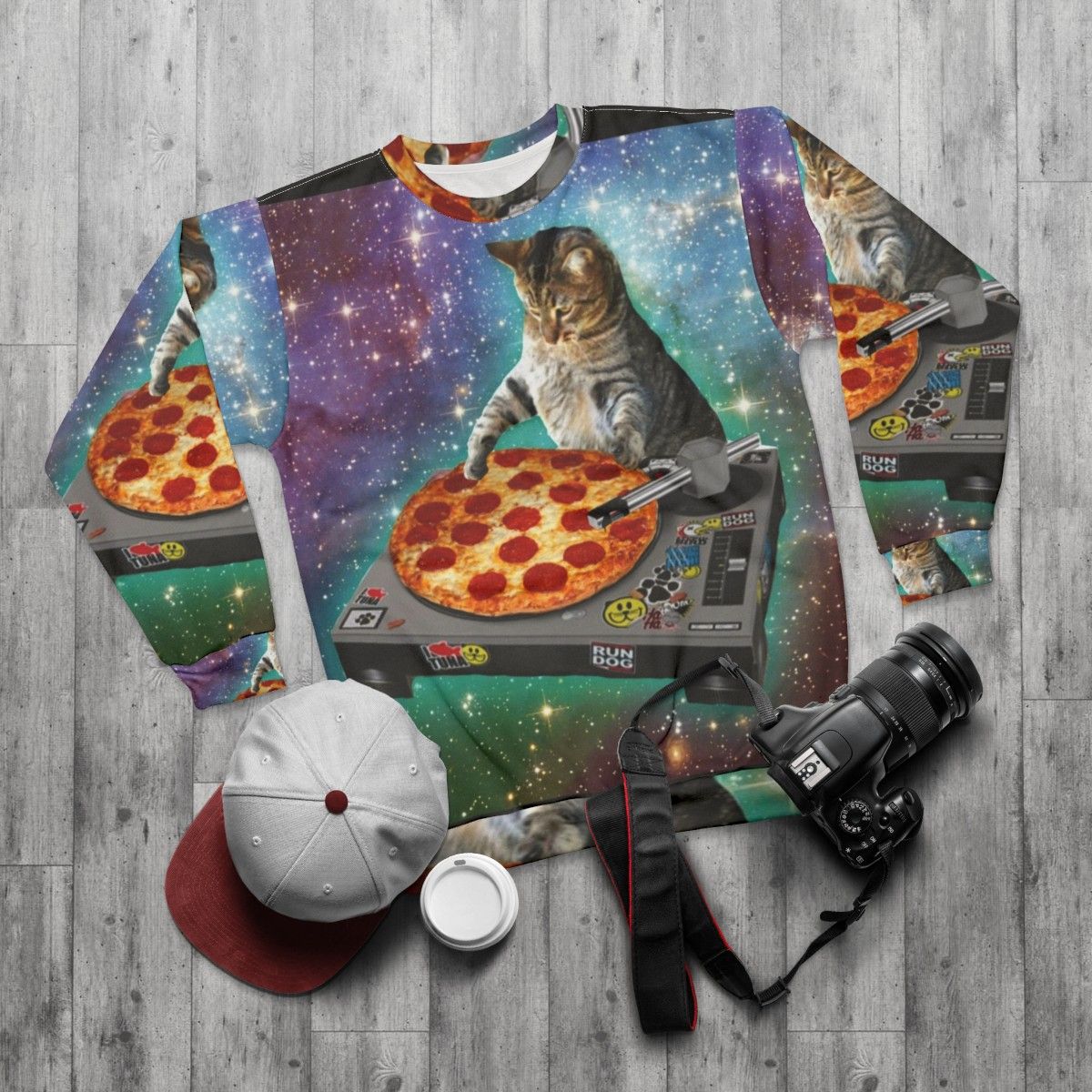 DJ Cat Pizza Graphic Sweatshirt - flat lay