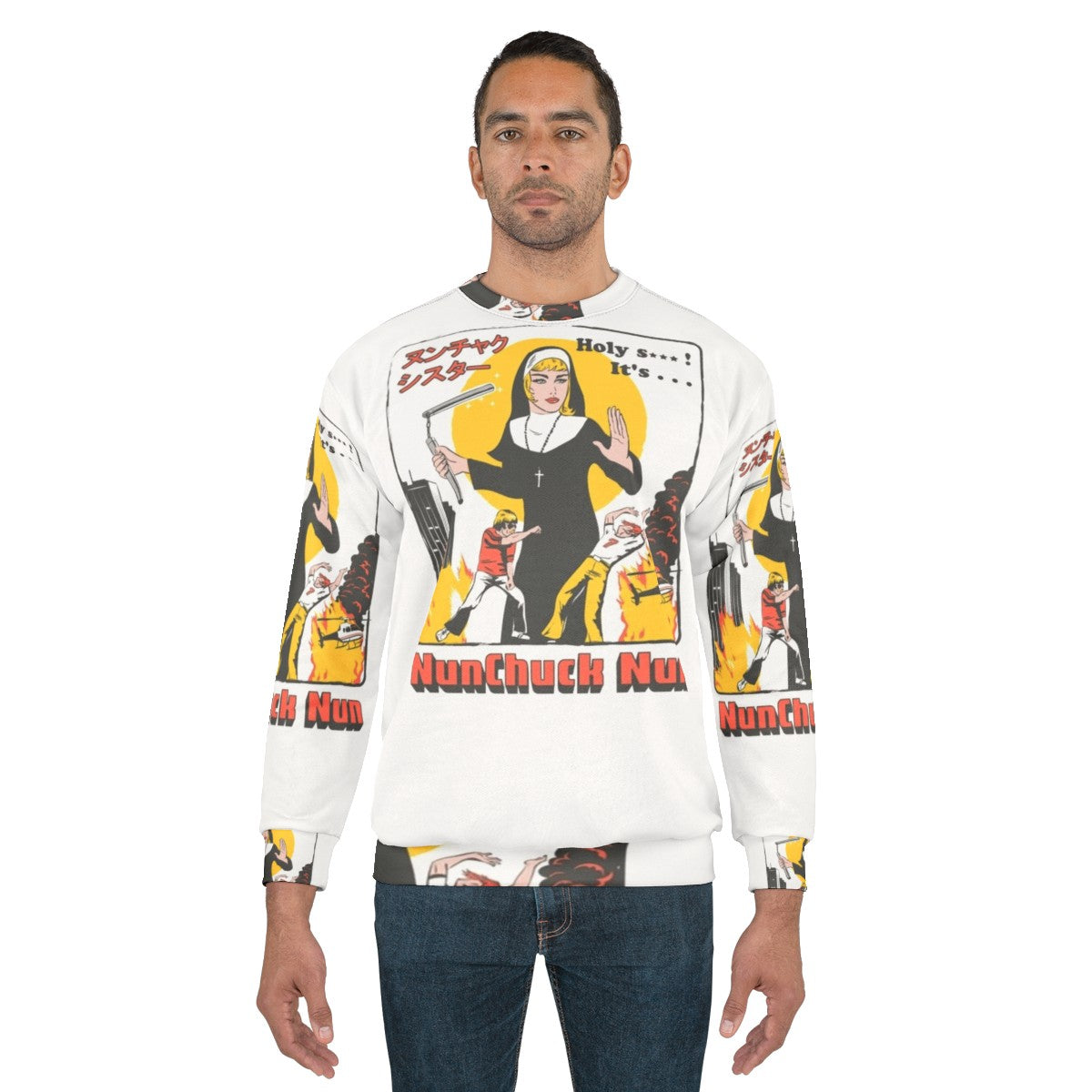 Nunchaku nun sweatshirt with retro pop culture design - men