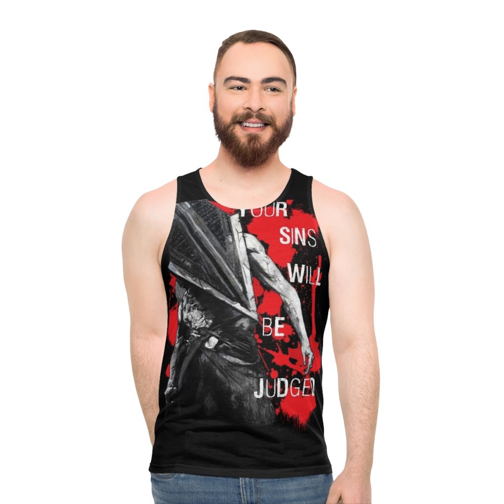 Horror themed unisex tank top with "Your Sins Will Be Judged Again" design - men