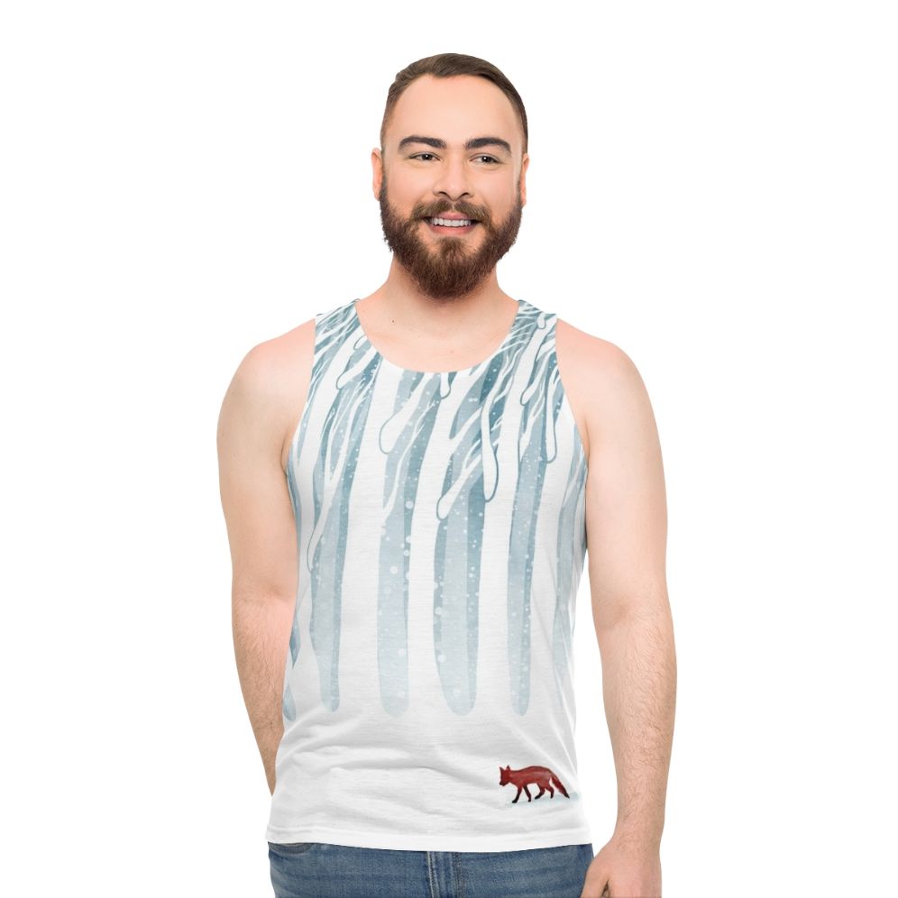 Unisex tank top with a snowy forest and fox design - men