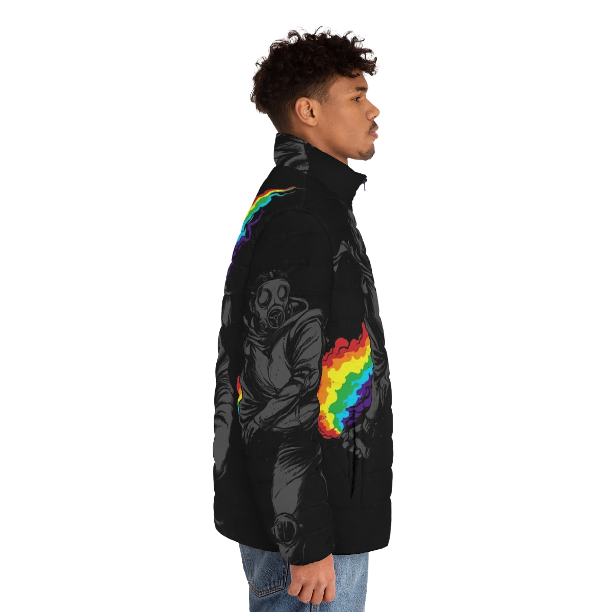 Colorful puffer jacket designed to protect against teargas during political demonstrations and protests - men side right