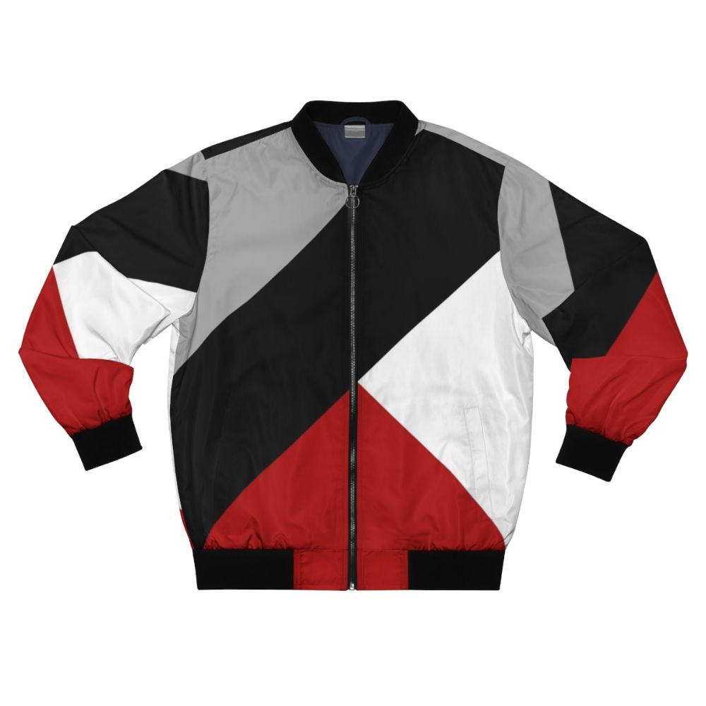 Black bomber jacket with diagonal stripes and triangular geometric pattern, a modern and minimalist design.