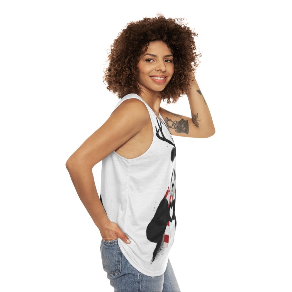 Panda wearing antlers on a Christmas-themed unisex tank top - women side