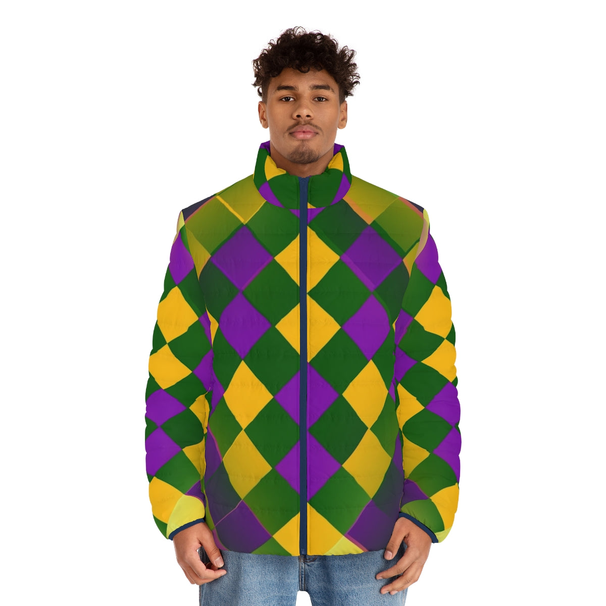 Mardi Gras puffer jacket with a colorful graphic design pattern - men front