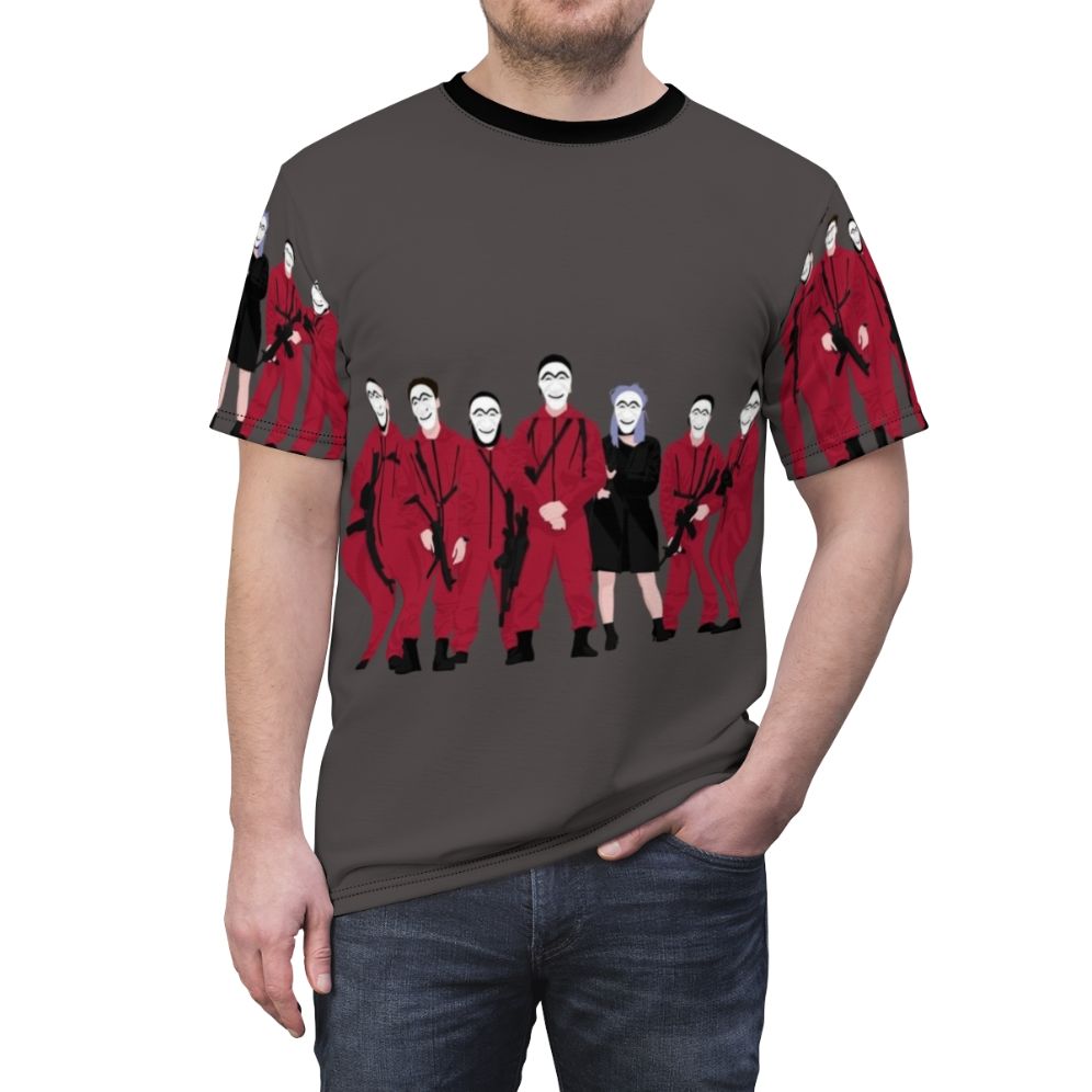 All-Over-Print T-shirt Featuring Iconic Money Heist Characters and Designs - men front