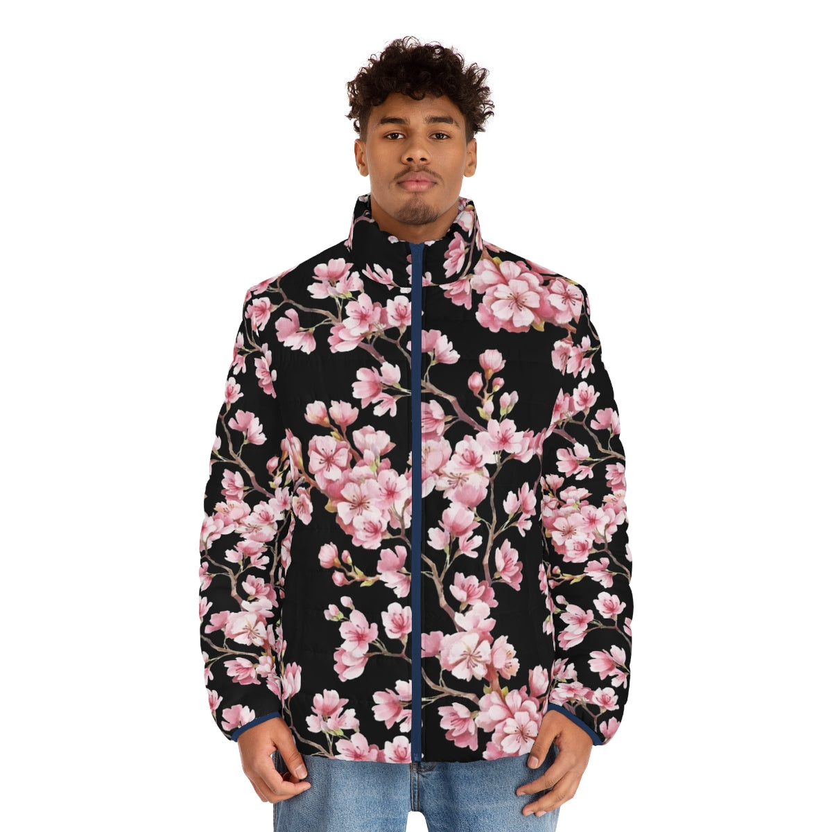 Cherry blossom floral pattern puffer jacket, a stylish and modern outerwear piece - men front