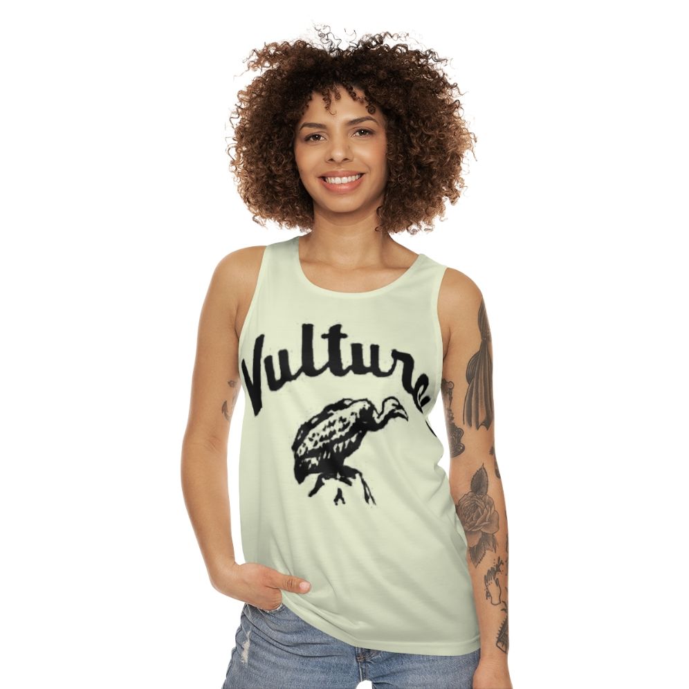 Unisex vultures tank top with graphic animal print design - women