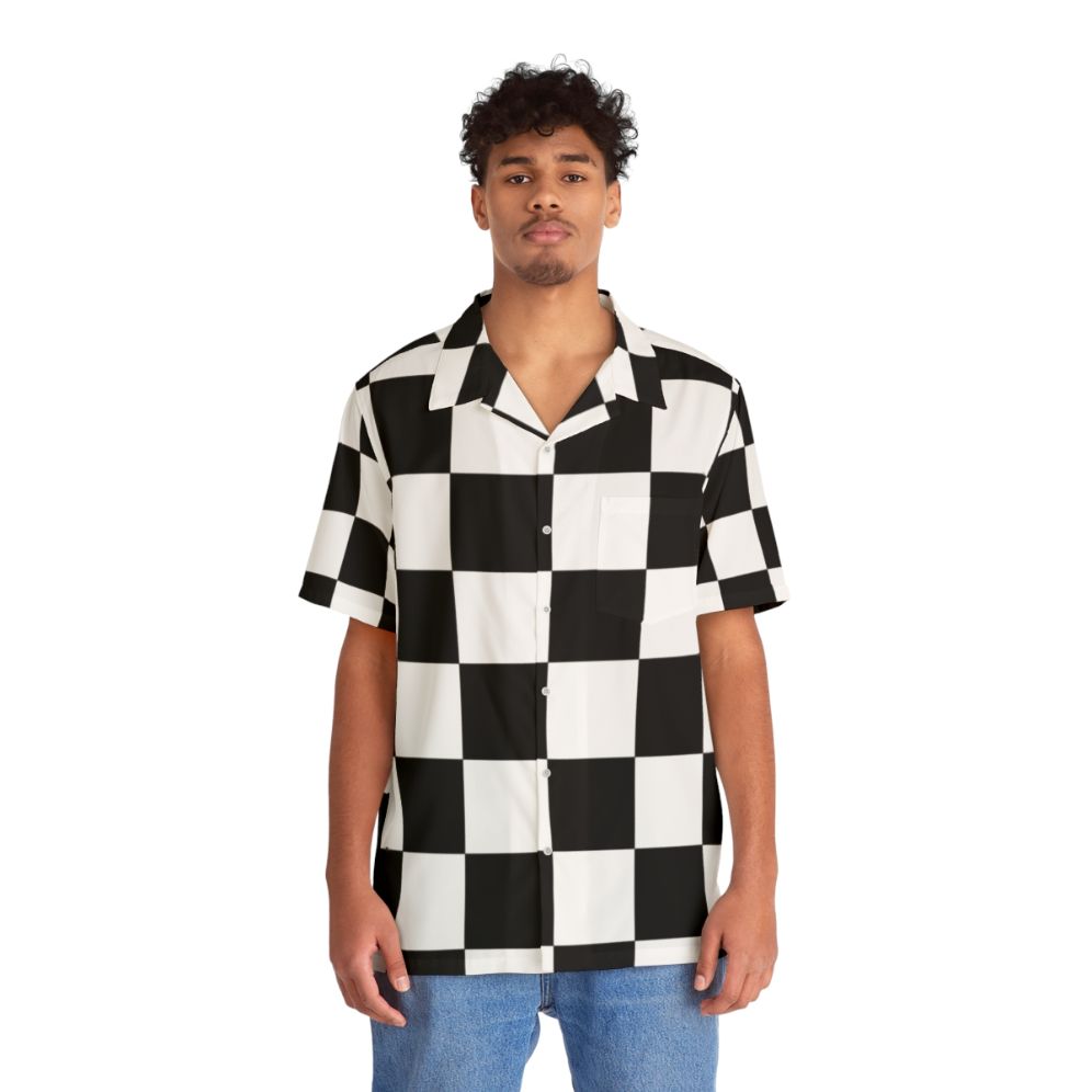 Checkered Hawaiian Shirt with Black and White Chessboard Pattern - People Front