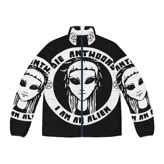 White puffer jacket featuring the unique zef style of Die Antwoord