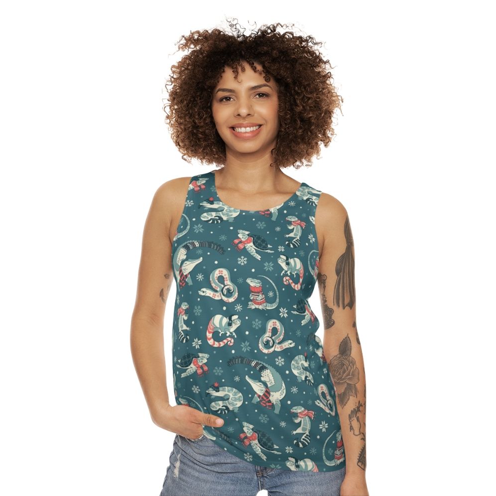 Dark blue unisex tank top with winter herp pattern - women