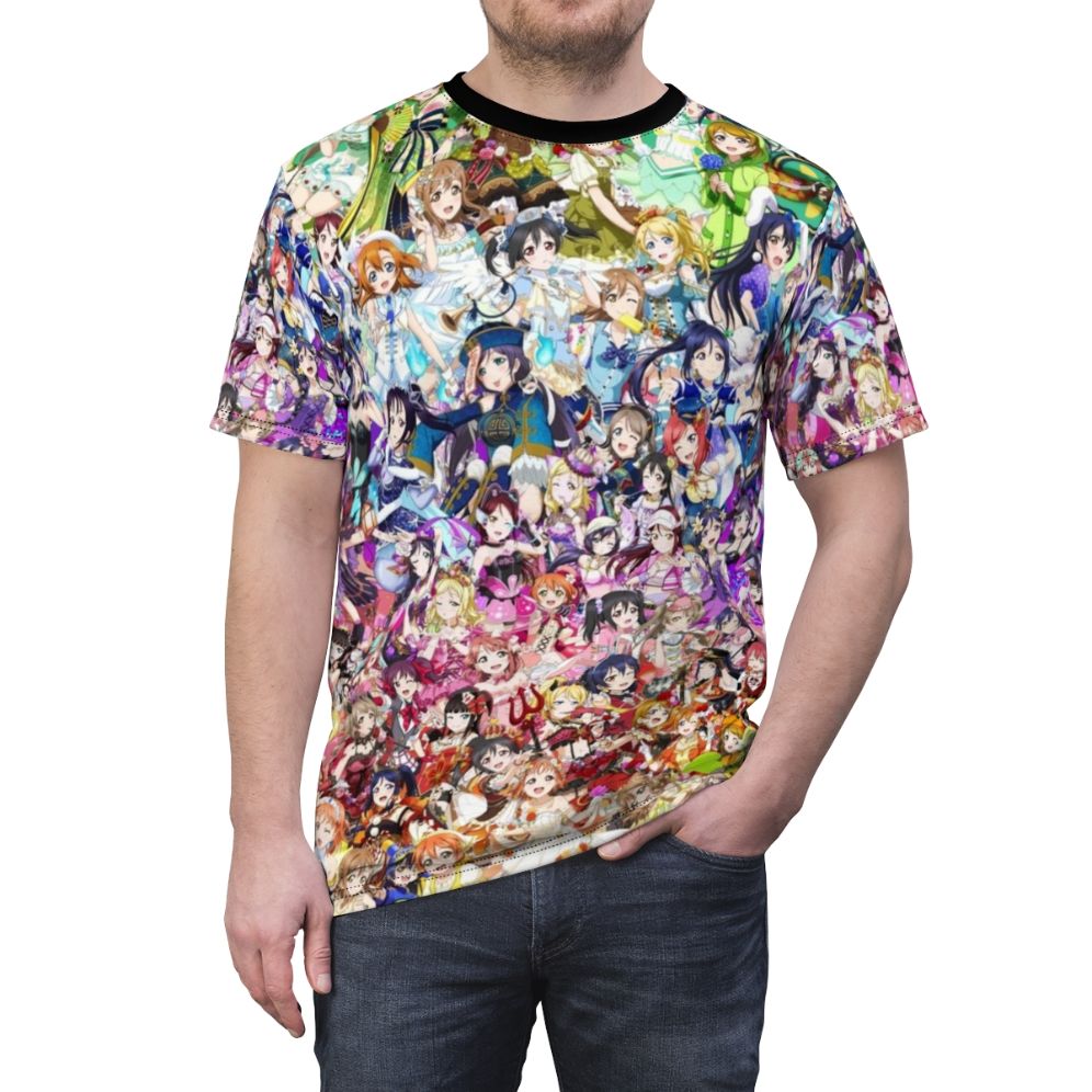 Colorful and eye-catching t-shirt featuring a vibrant rainbow gradient design with the iconic Love Live and Aqours characters. - men front