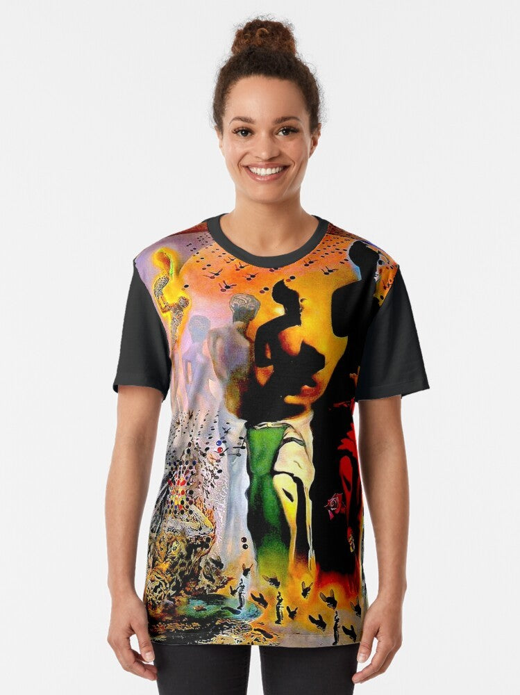 Vintage t-shirt featuring a surreal, abstract print inspired by the Venus de Milo sculpture and the artworks of Salvador Dali. - Women