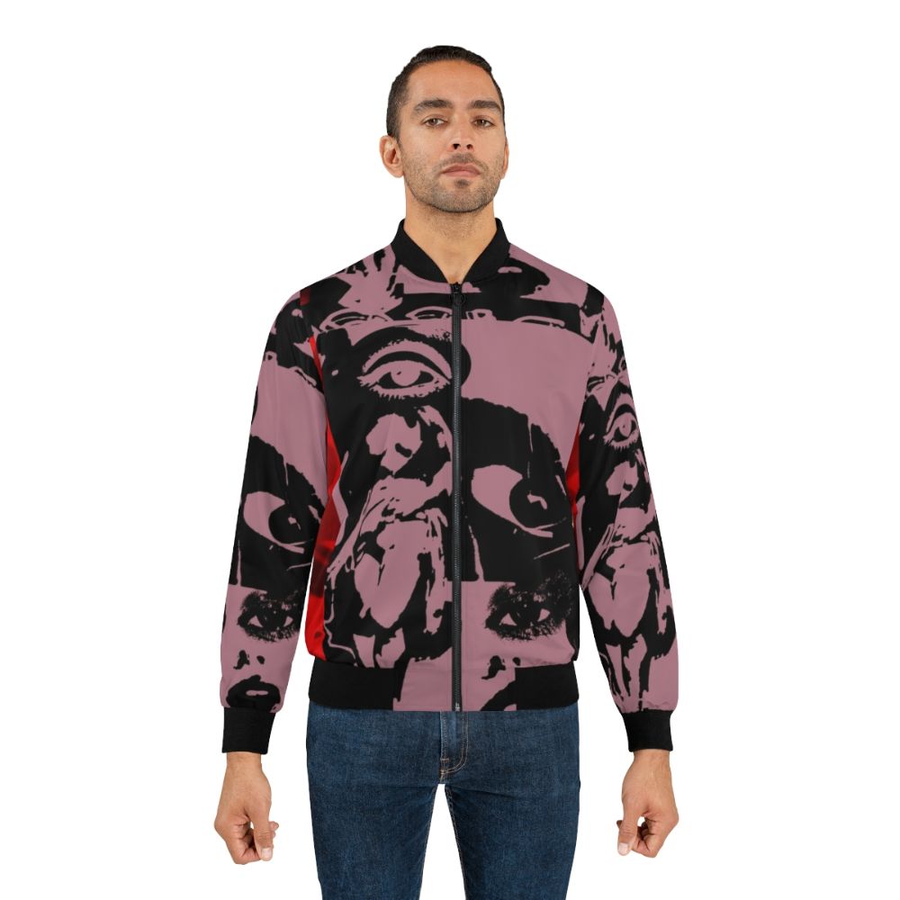 Unique alternative bomber jacket with a collage design featuring surreal and punk elements - Lifestyle