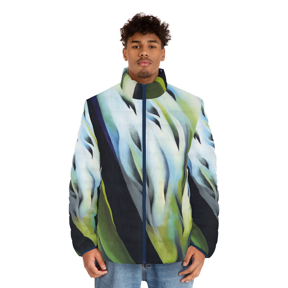 Georgia O'Keeffe inspired puffer jacket with vibrant blue and green floral abstraction design - men front