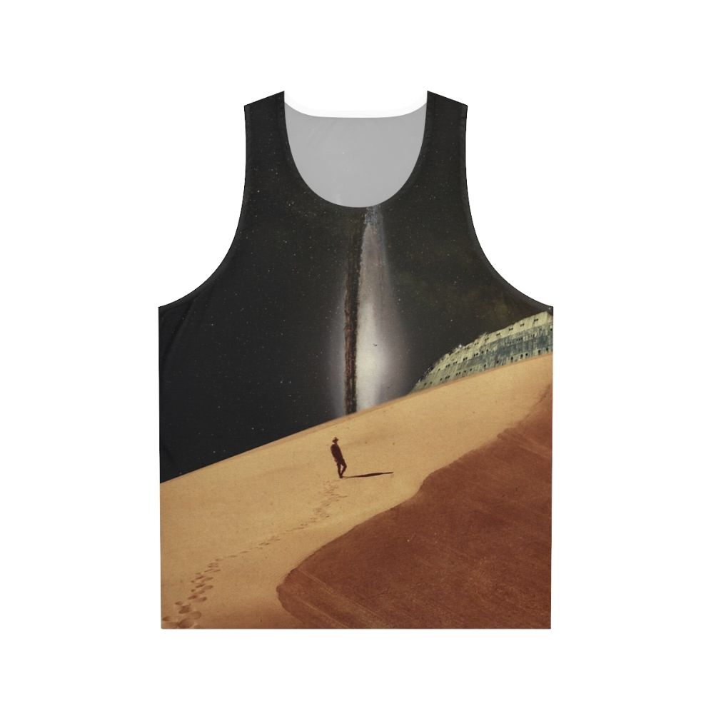 Retro collage design tank top depicting a dreamy desert landscape with stars and space elements