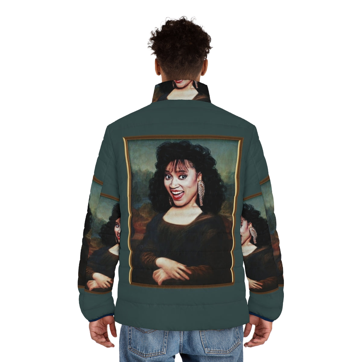 Mona Lisa Jackee Puffer Jacket featuring pop culture art of iconic actress Jackee Harry - men back