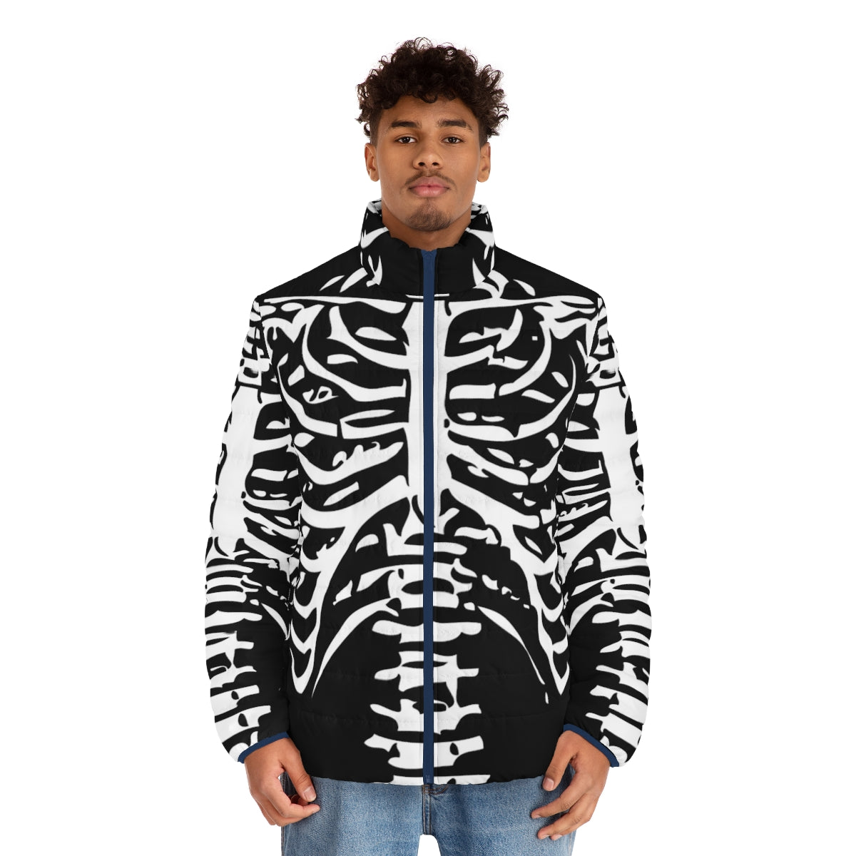 Skeleton rib cage puffer jacket with a unique and spooky design - men front