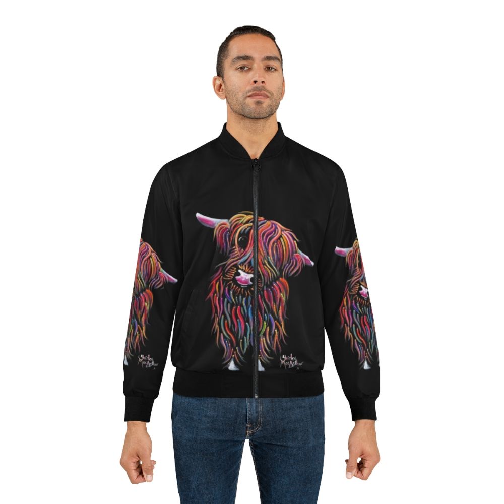 Bomber jacket featuring a vibrant painting of a Scottish Highland Cow named 'BoLLY' by artist Shirley MacArthur - Lifestyle