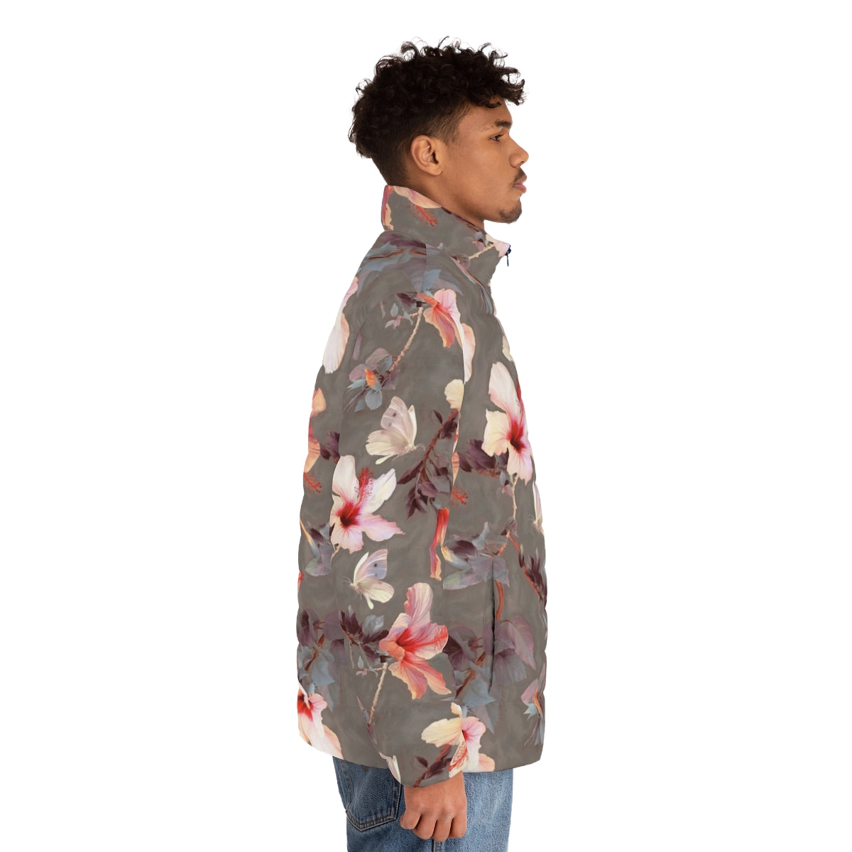 Coral hibiscus floral puffer jacket with tropical butterfly pattern - men side right