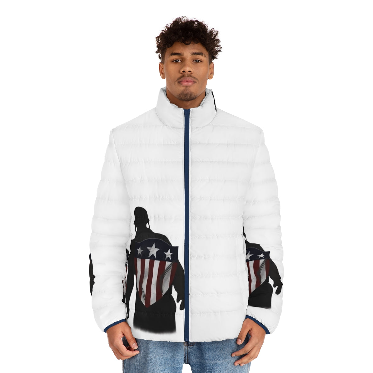 Chris Evans inspired "I Can Do This All Day" puffer jacket featuring stars and stripes design - men front