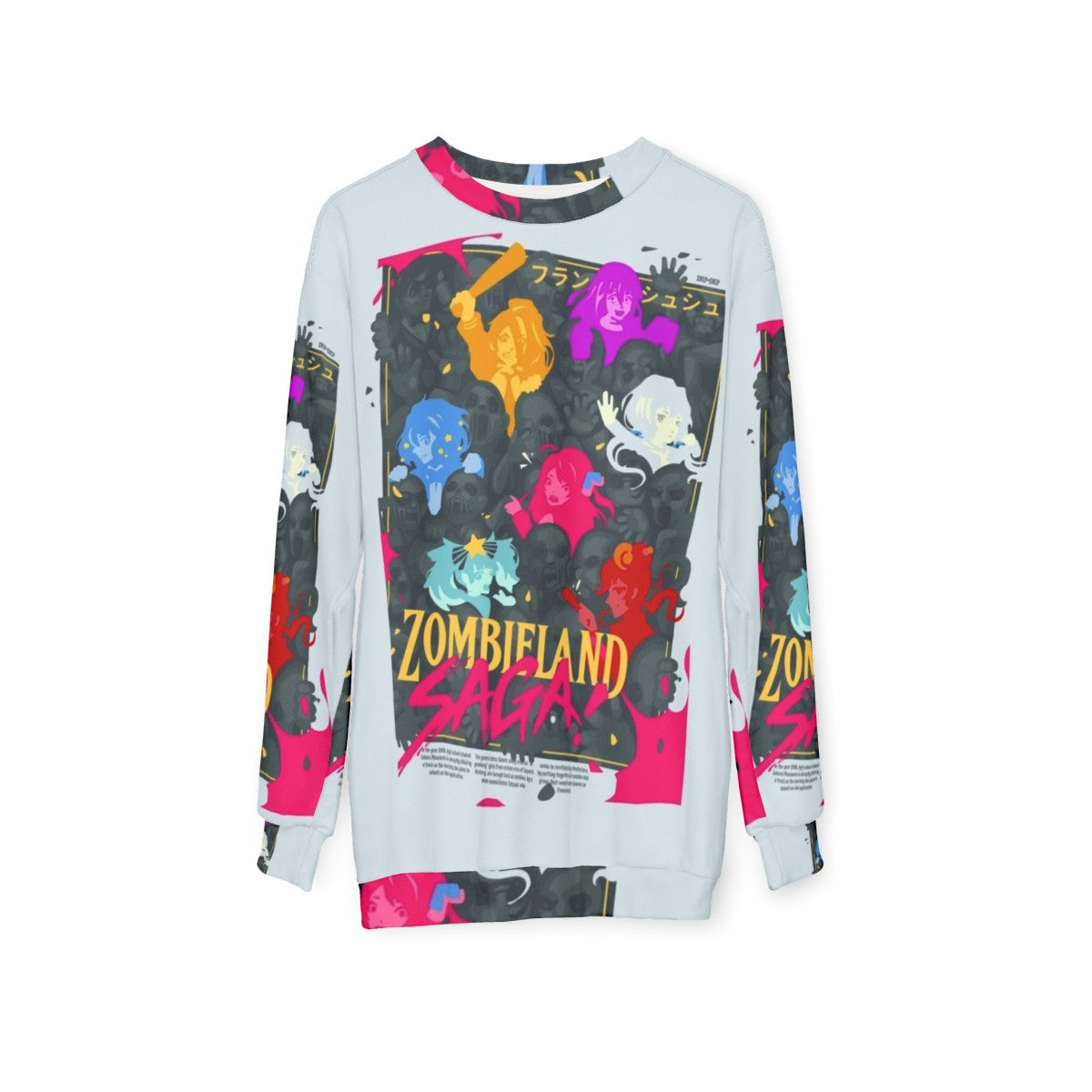 Zombieland Saga anime sweatshirt with zombie and manga characters - hanging