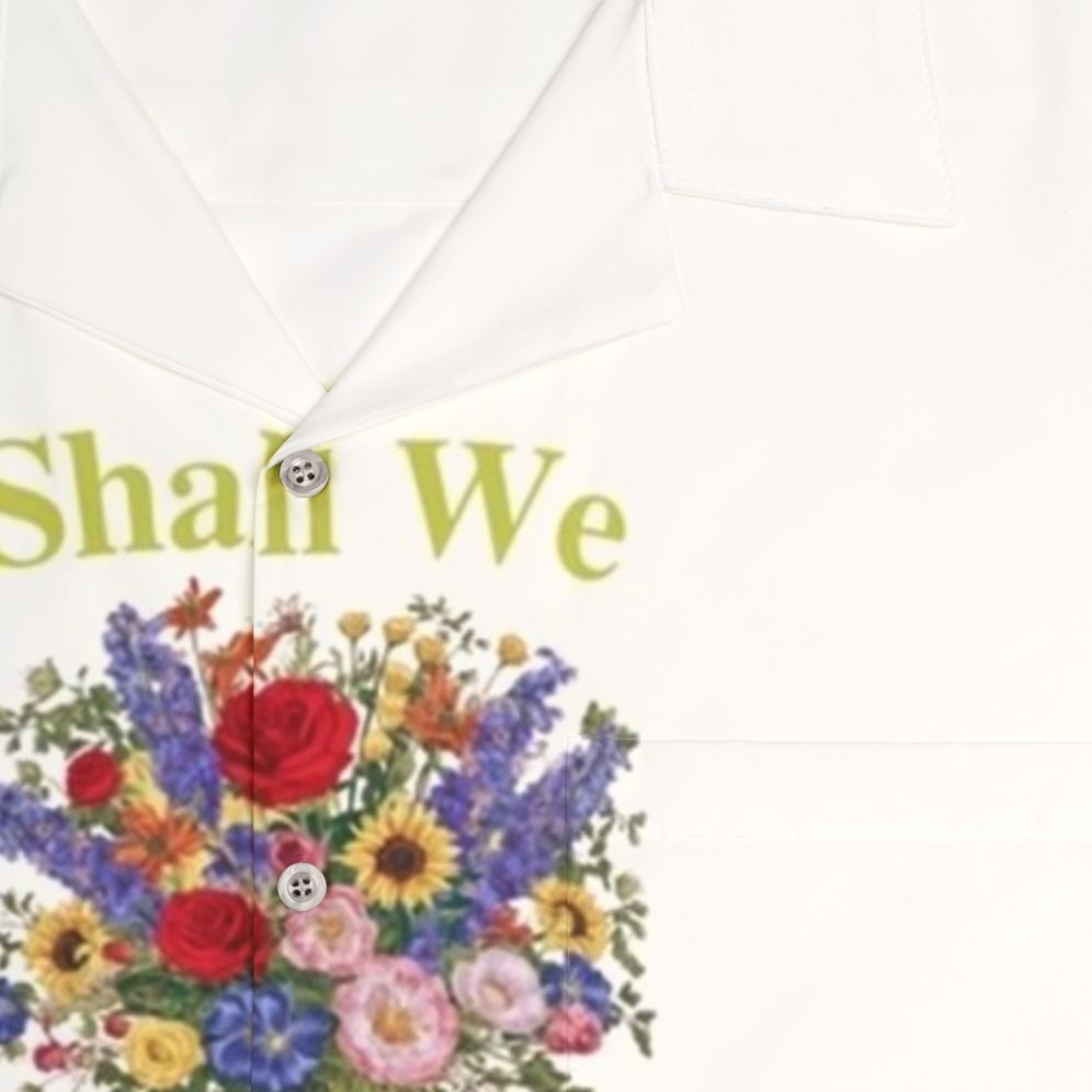 Bridgerton Netflix inspired floral Hawaiian shirt with "Shall We Promenade?" quote - Detail