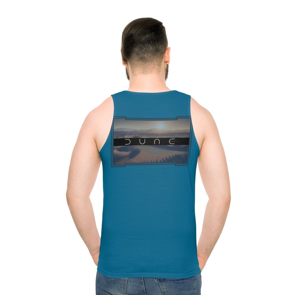 Dune-inspired unisex tank top with desert planet and two moons design - men back