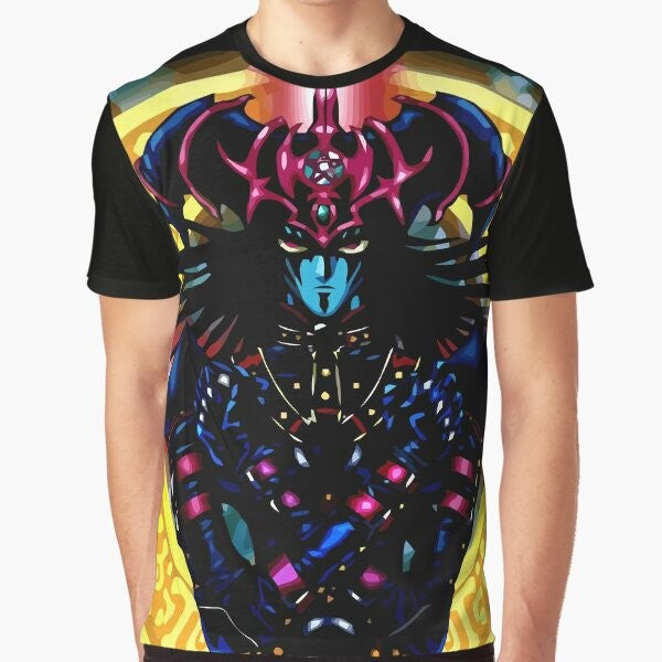 A graphic t-shirt featuring iconic Yu-Gi-Oh! characters like Dark Magician and Seto Kaiba, along with Egyptian god cards.