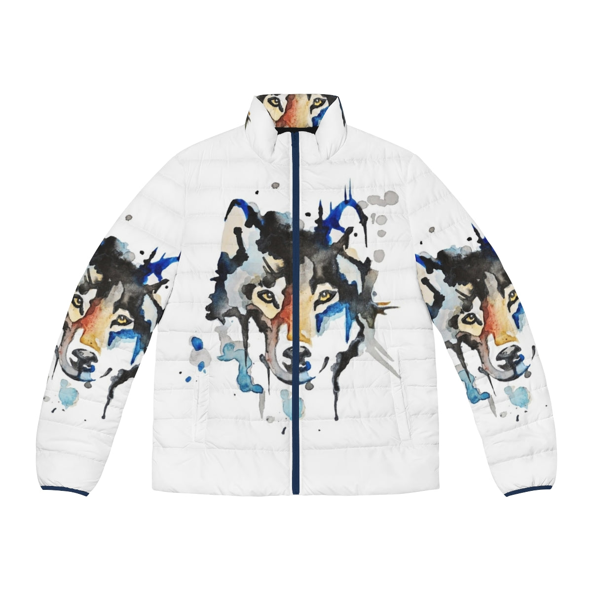 Watercolor wolf puffer jacket with abstract art design