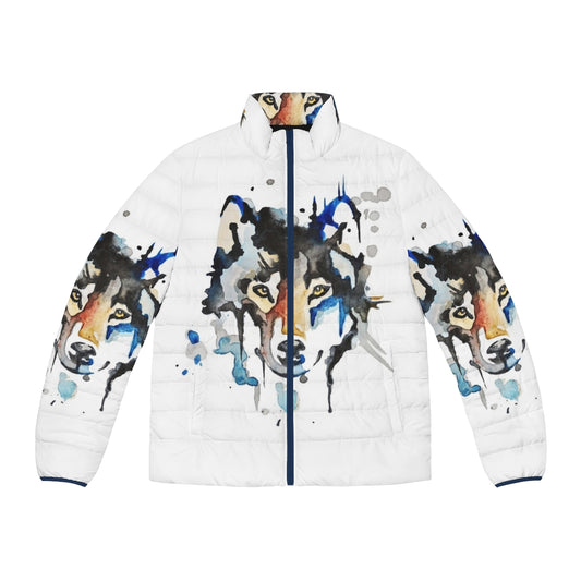 Watercolor wolf puffer jacket with abstract art design