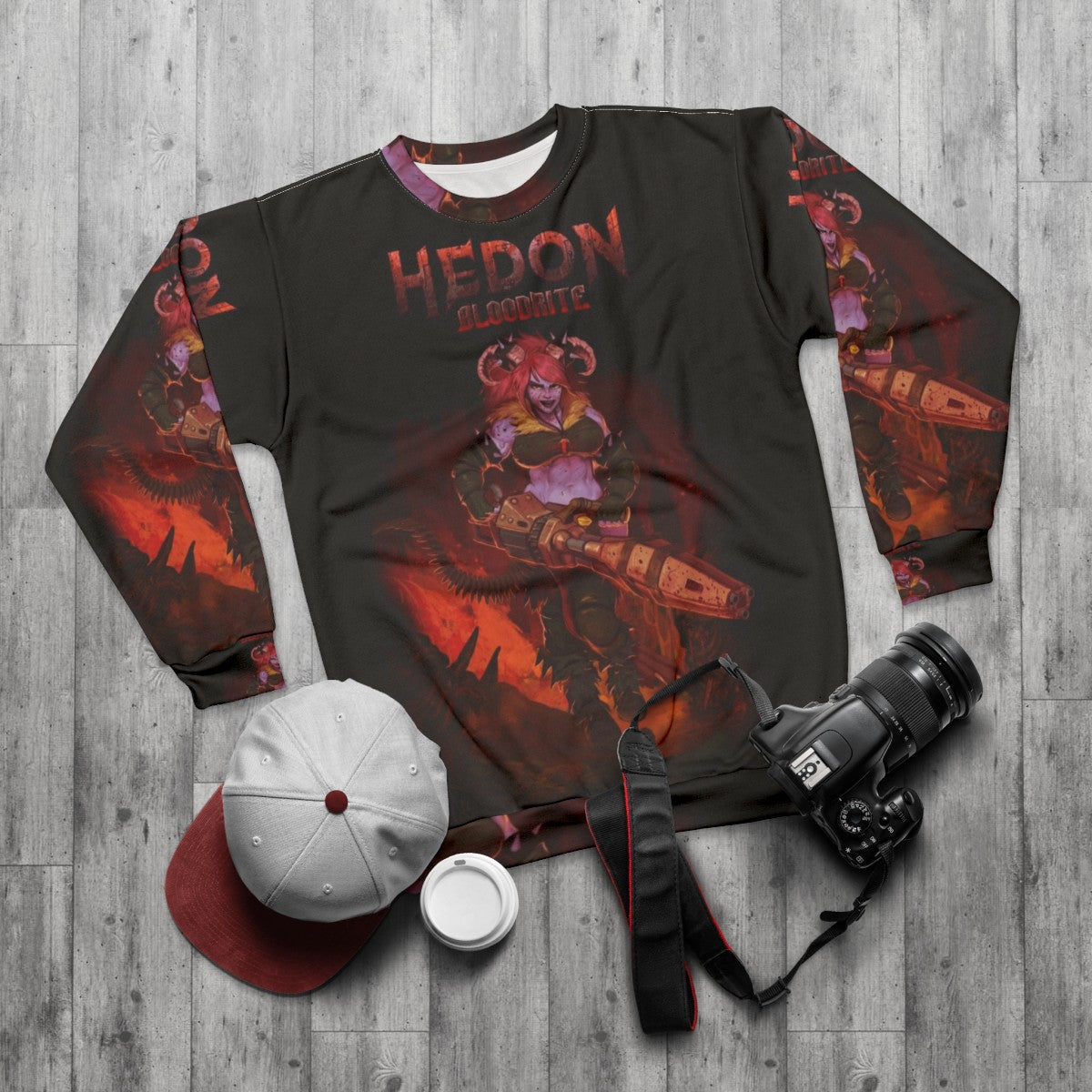 Hedon Bloodrite retro style sweatshirt with demon horns and video game art - flat lay