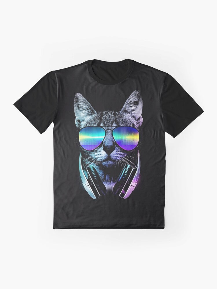 A stylish graphic t-shirt featuring a cool cat wearing headphones and surrounded by a music-inspired urban cityscape design. - Flat lay