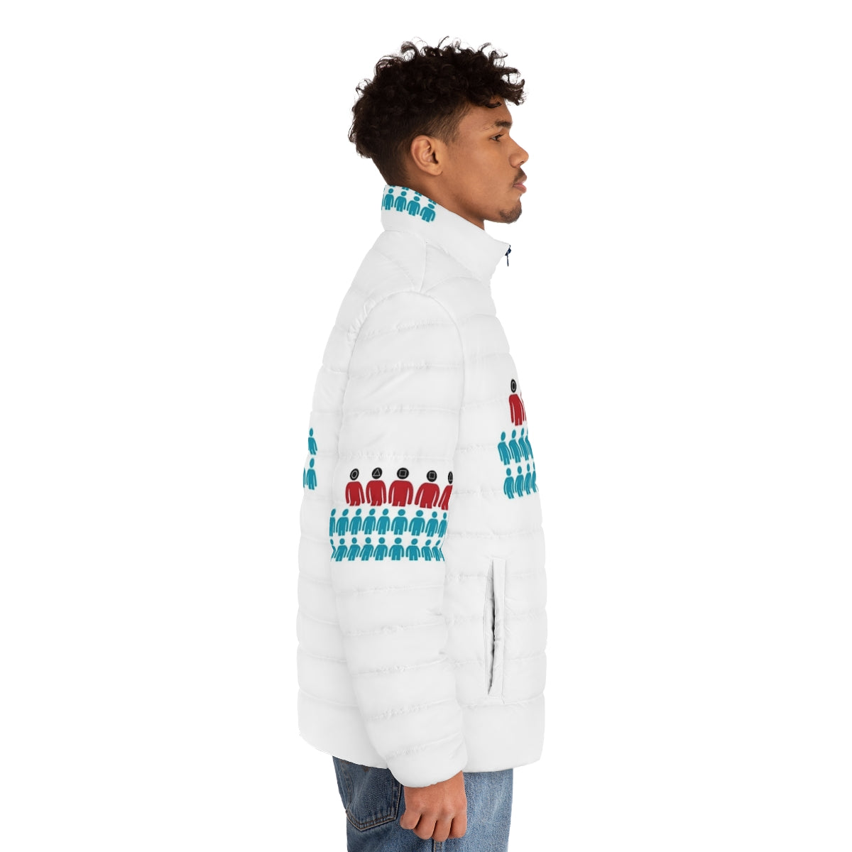 Squid Game Players Short Puffer Jacket, featuring the iconic Squid Game design - men side right