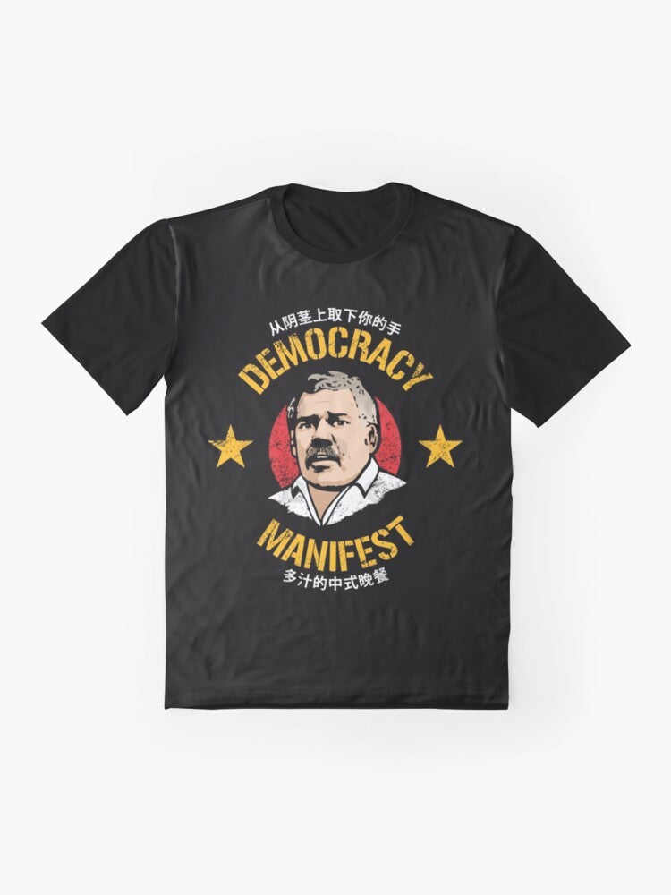 Democracy Manifest graphic t-shirt featuring a funny meme design with text and Chinese meal imagery - Flat lay