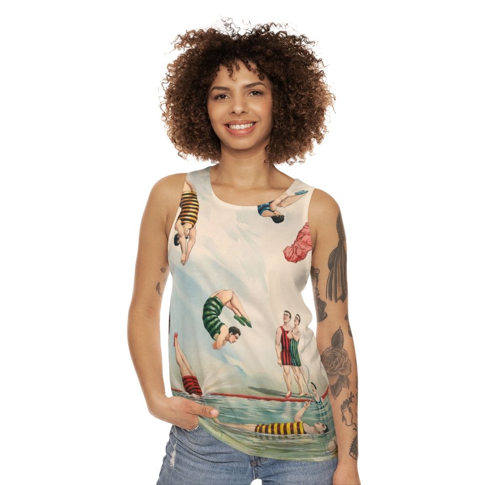 Vintage circus-inspired unisex tank top with colorful stripes - women