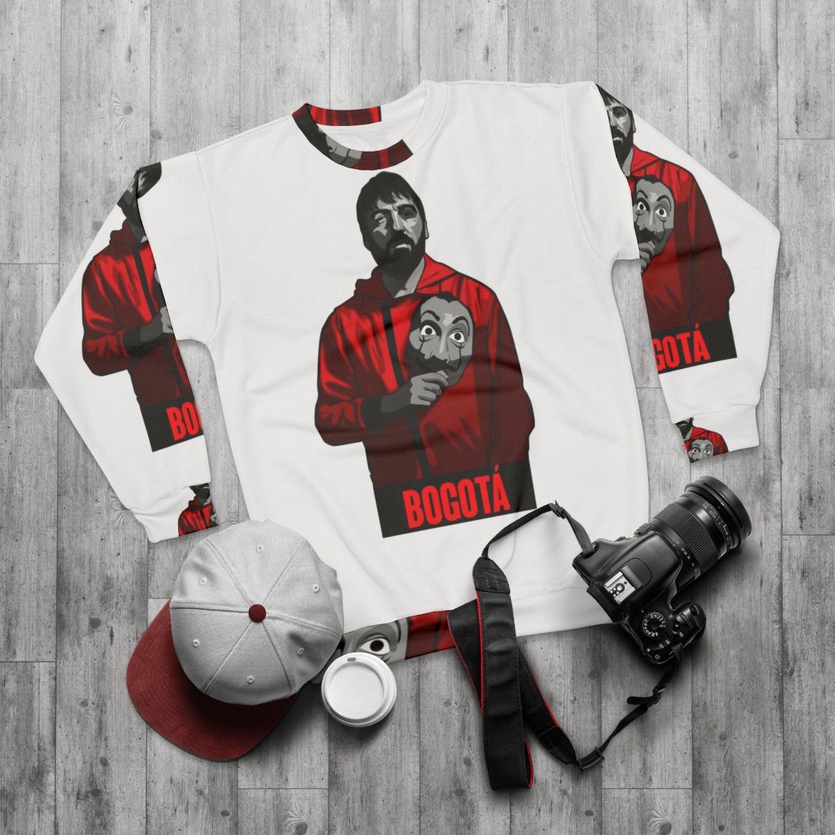 Money Heist Bogota Sweatshirt featuring Netflix 'La Casa de Papel' fan art - flat lay