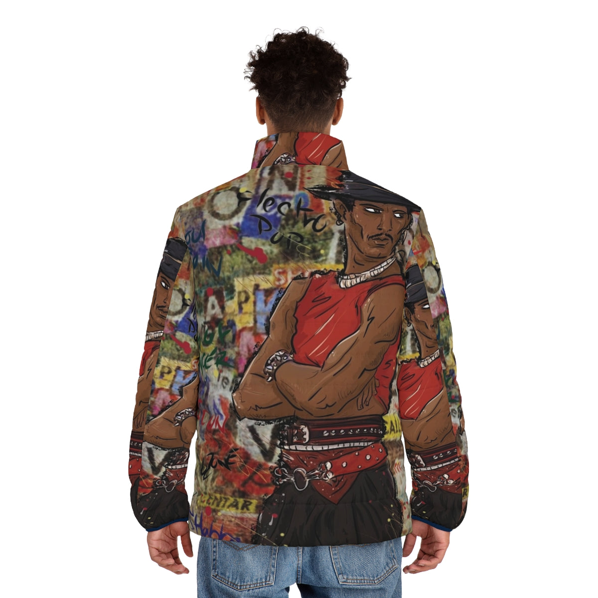 Shabba Doo inspired street dancer puffer jacket with graffiti and cartoon art - men back