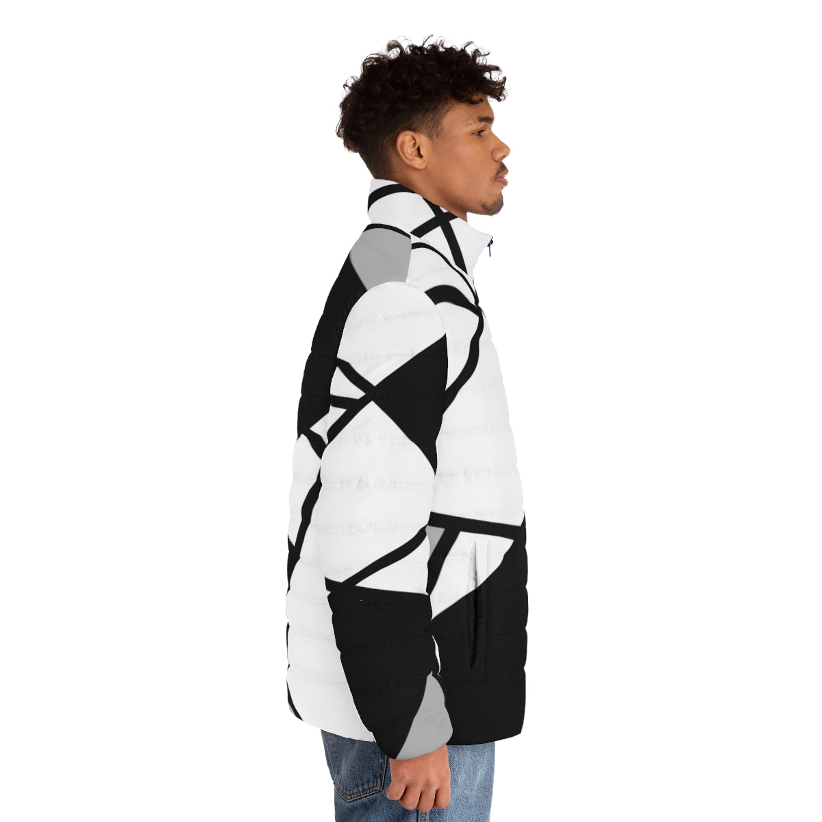 Black puffer jacket with modern geometric pattern - men side right