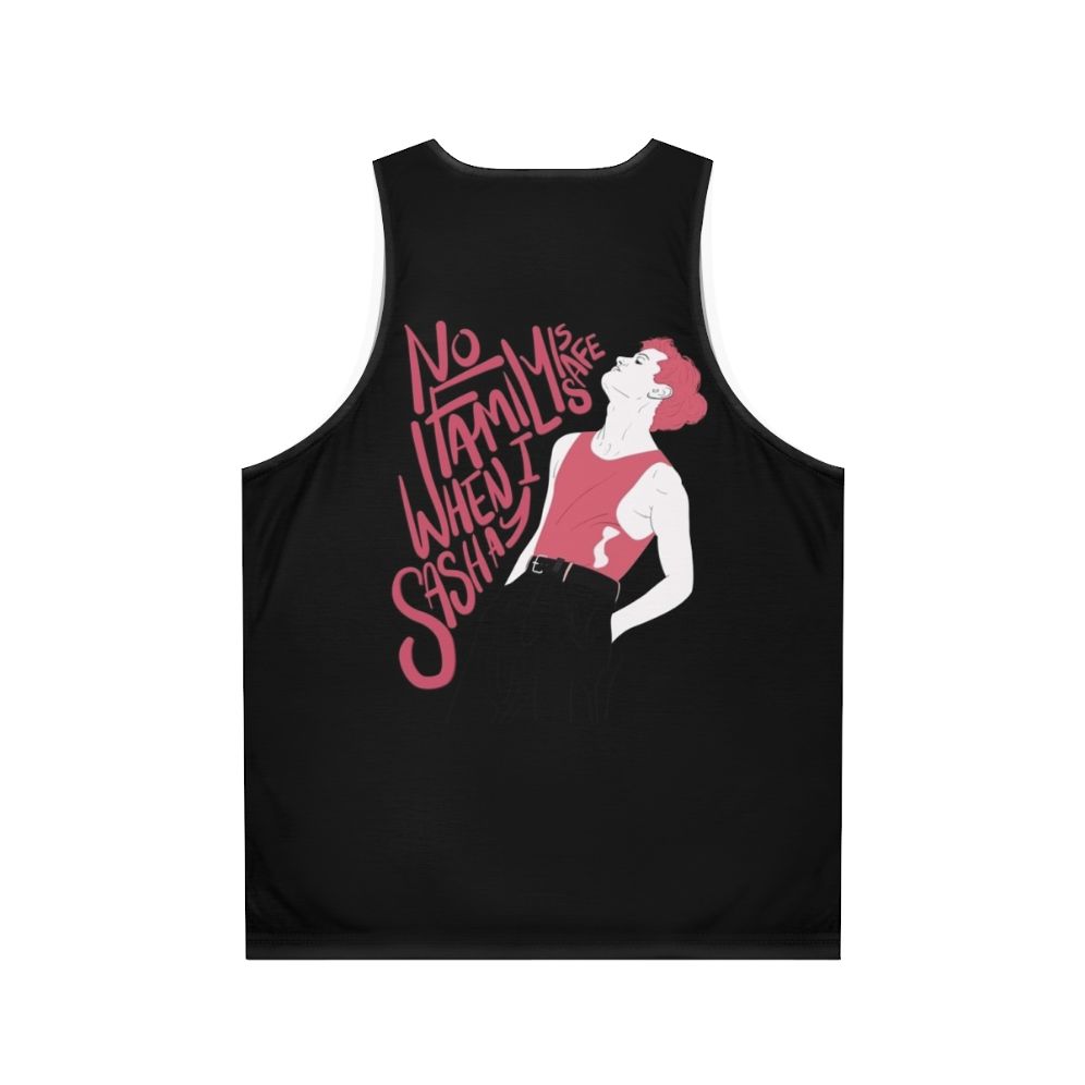 Unisex tank top with minimalist "No Family Is Safe When I Sashay" design - Back