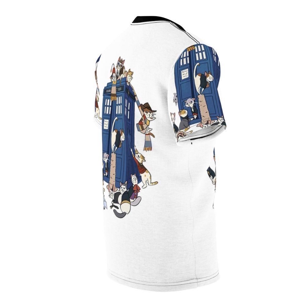 Whimsical t-shirt design featuring a cat dressed as the iconic Time Lord from the Doctor Who series - men right