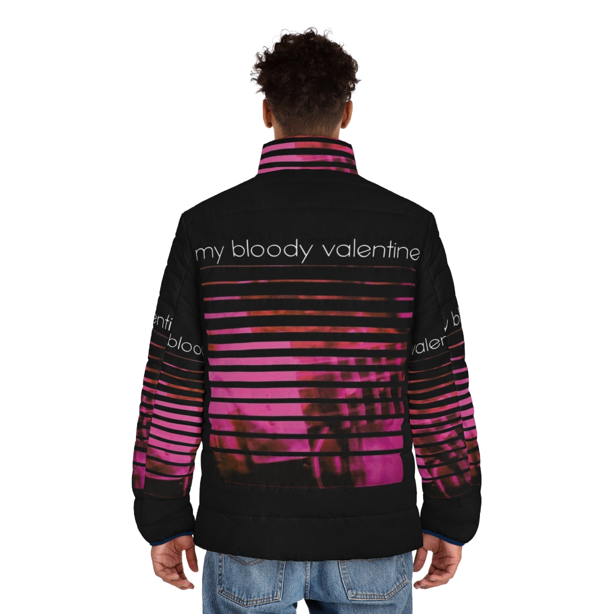 My Bloody Valentine 'Loveless' inspired puffer jacket with shoegaze and indie music themes - men back