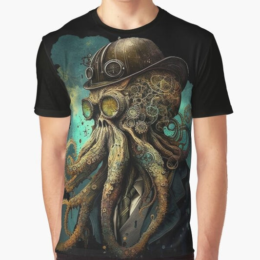 Steampunk illustration of a mechanical octopus with Cthulhu-inspired design