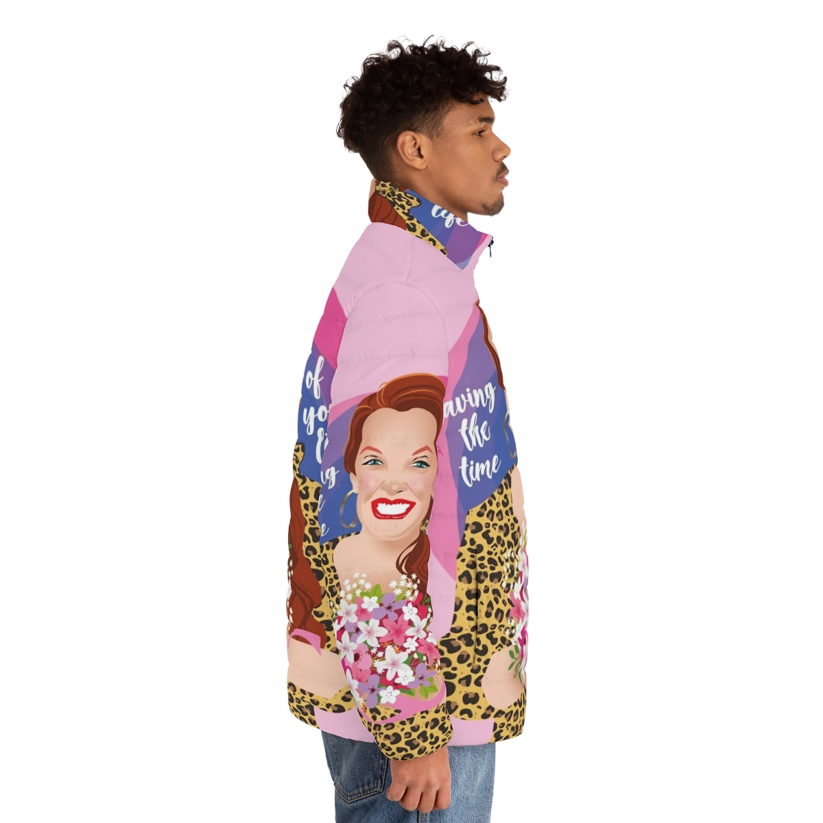 A vibrant and comfortable puffer jacket featuring a fun and colorful pop art design - men side right