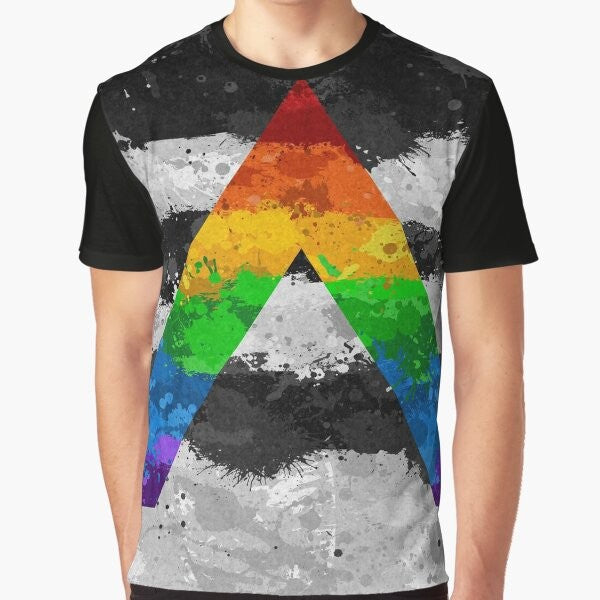 Abstract paint splatter design in the colors of the LGBT pride flag on a graphic t-shirt