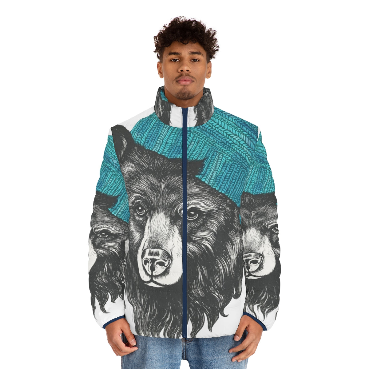 Blue puffer jacket with Zissou the bear design, perfect for cold weather - men front