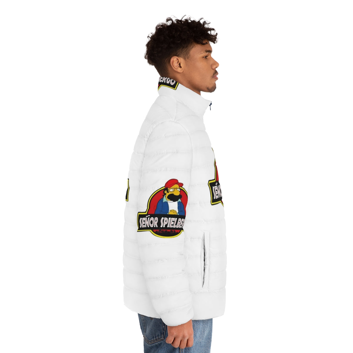 Mr Spielbergo Puffer Jacket, a humorous take on classic cartoon characters - men side right