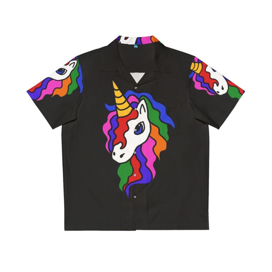 Rainbow unicorn print on a Hawaiian-style shirt