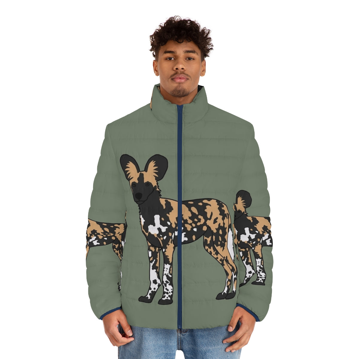 African Painted Dog Puffer Jacket featuring the stunning and unique wild canid - men front