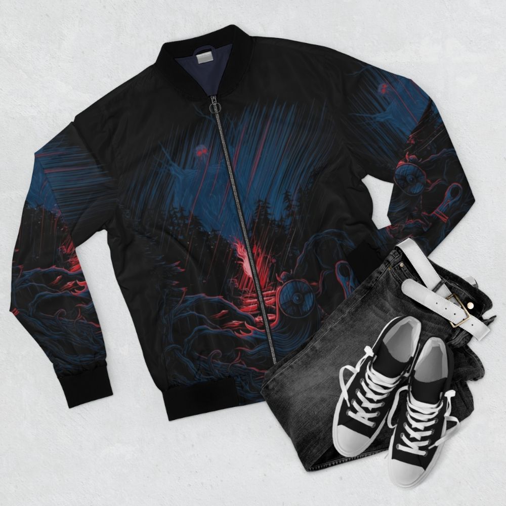 Valheim-inspired bomber jacket with viking, fantasy, and gaming motifs - Flat lay