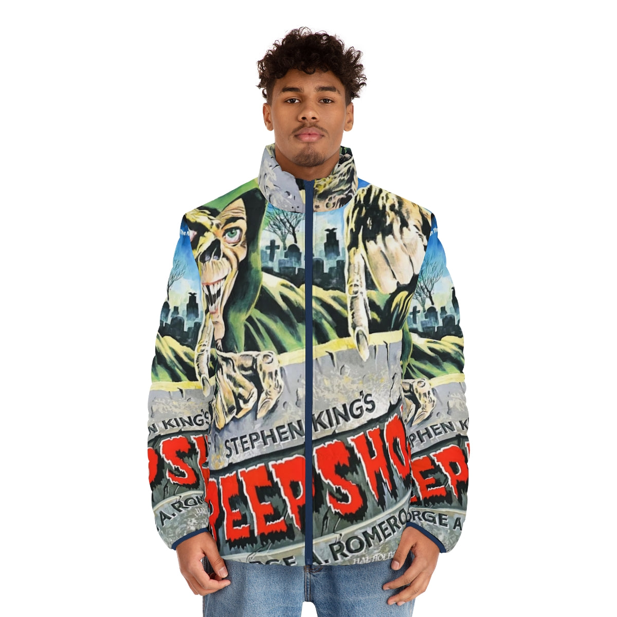 Creepshow horror movie puffer jacket featuring spooky graphics and inspired by Stephen King stories - men front